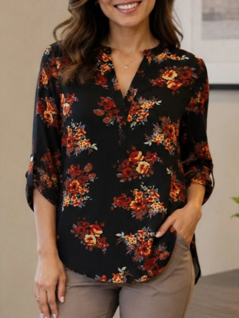 Daniel Rainn Women's Floral Split-Neck Popover Blouse- Size M